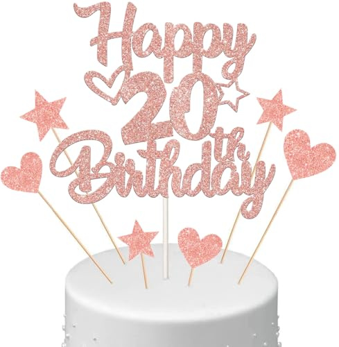 Anlgdi Tortendeko Happy Birthday Deko Kuchendeko 20. Geburtstag Frau, Kuchen Topper Happy 20th Birthday Roségold, Cake Topper 20 Jahre Torte Kuchen Deko für Geburstagstorte Deko 20. Frauen