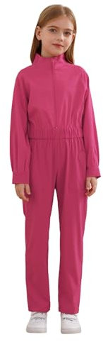 Jugaoge Girls Boys Mechanic Costume Coverall Boiler Suit Long Sleeve Overalls Jumpsuit Flight Suit Bodysuit Hot Pink 11-12 Years