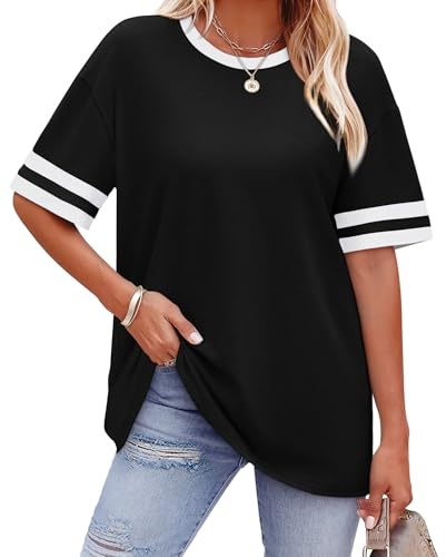 WIHOLL Tshirts Shirts for Women Fashion Striped Half Sleeve Black Oversized T Shirts Fit Dating Loose Casual Style M