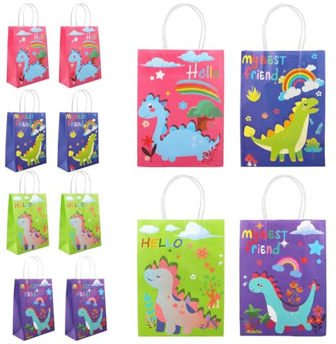 12 Stück Geschenktüte, Dinosaurier Geburtstag Papiertüten, Dinosaurier Papiertüten mit Griff Bunt Candy Papier Tüten für Kinder Party, Feiern, Baby Geburtstag,Halloween, Weihnachten,Christmas