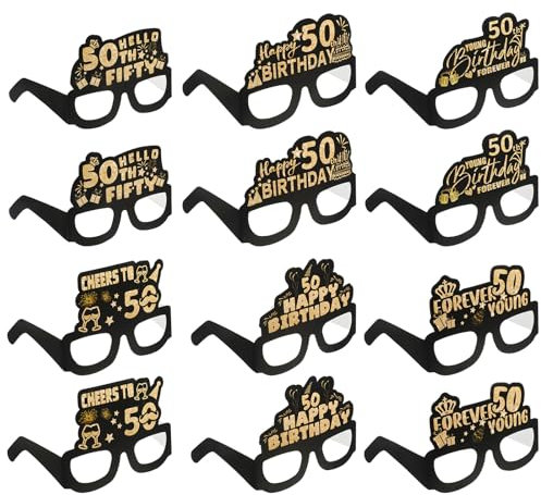12 Stück 50. Geburtstag Brille Papier Geburtstag Party Dekoration Supplies Schwarz Gold Brillen Lustige 50. Geburtstag Foto Requisiten Vintage Geburtstag Kostüm Zubehör für Männer Frauen 50 Jahre alt