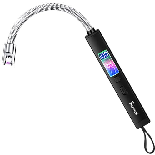 SUPRUS - Accendino elettrico per candele, antivento, ricaricabile tramite USB-C, con display digitale della batteria, illuminazione ambientale, interruttore di sicurezza, collo flessibile a 360°