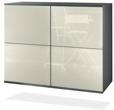 Vladon Kommode Rova V3, Moderner Küchenschrank mit 4 Push-to-Open Türen Anthrazit matt/Creme Hochglanz (92,5 x 73.5 x 35)