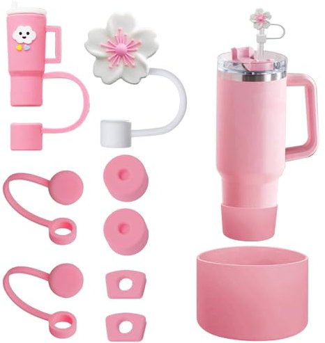 saijer Accessori per Stanley Cup Rosa,Set di Accessori in Silicone Durevole per Stanley Cup Contiene 6 Tappi in Paglia a Prova di Perdite 2 Coperchi Antipolvere 1 Coperchio Inferiore Escluse Le Tazze
