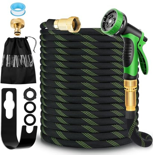 Flexibel Gartenschlauch, 15M Gartenschlauch mit 10 Funktionssprühdüsen, 3-Fach Latexkern Wasserschlauch mit Vollmessing Messingverbinder, Flexschlauch