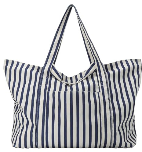 UERRUAM Extra große Strandtasche für Damen, große Wochenendtasche mit Reißverschluss und Tasche für Übernachtungen, waschbarer Cordstoff, Marineblau gestreift, X-Large 43 Liters