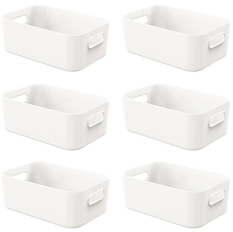 6 PCS Small White Plastic Storage Boxes, with Handle Storage Baskets for Shelves, Kitchen, Office, Fridge, Bathroom and Home, Mini Storage Boxes Rectangle - 8.2×5.5×2.7 Inch