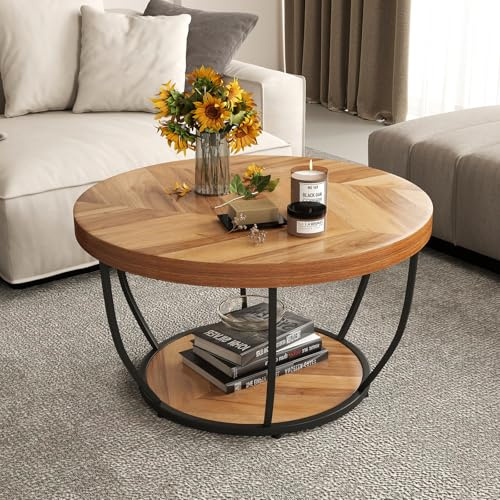 GIANTEX Runder Couchtisch mit 2 Ebenen, 80 x 80 x 45 cm, Wohnzimmertisch mit Holzoptik und Metallgestell, eleganter Nachttisch für Schlafzimmer, Büro (Natur)