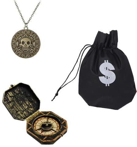 3 Stück Piraten Deko Set mit Totenkopf Kette, Deko Kompass und Dollar Beutel – Piratenkette Accessoires für Karneval, Halloween und Party Kostüm