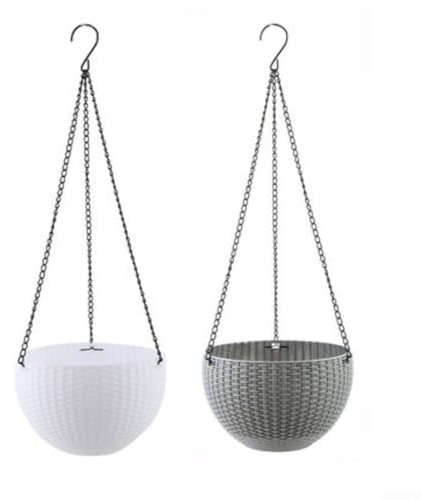 Panier suspendu en imitation rotin avec fonction auto-absorbante et triple chaîne de suspension pour plantes (gris blanc)