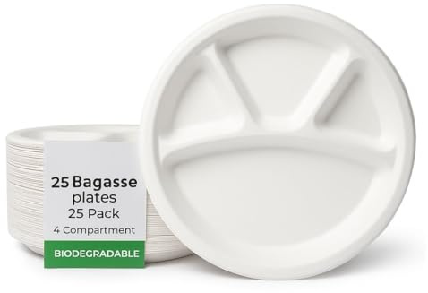 12 inch Bagasse Plates, 25 Pack, 4 Compartment, 30.5 cm, Biodegradable Sugarcane Fibre, White