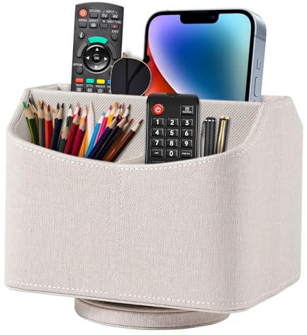 XNONE 360-drehender Fernbedienungshalter, 5-Teile Nachttisch PU-Leder Multifunktionale Organizer Büro Schreibtisch Organizer Aufbewahrungsbox für iPad Mini/Stift/Telefon/Medien (Beige)