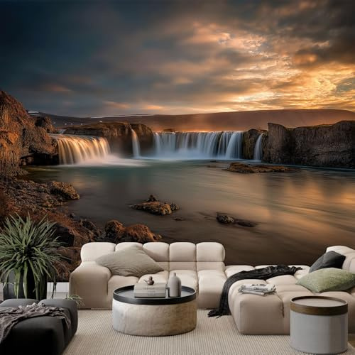 WHUOEUCO 3D Effekt Fototapete Himmel Wasserfall Landschaft 350x256 cm Vliestapete Foto Tapete Wandbild Motivtapete, Moderne Schlafzimmer Wohnzimmer Kinderzimmer Wandtapete