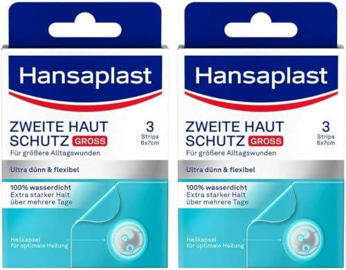 Hansaplast Zweite Haut Schutz Pflaster Gross 2er-Set (2 x 3 Strips), 100% wasserdichtes Hydrokolloid-Pflaster mit Heilkapsel-Technologie, ultra dünne & flexible Wundpflaster, extra starker Halt
