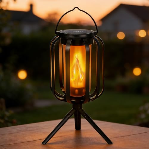 Solarlaterne für Außen Hängend/Stehend 2-in-1, Flammeneffekt LED Solarlaterne Klein, IP65 Wasserdicht, 4 Modi, Solar Laternen für Draußen Wetterfest, für Outdoor Camping Garten Tisch Balkon Hof (A)