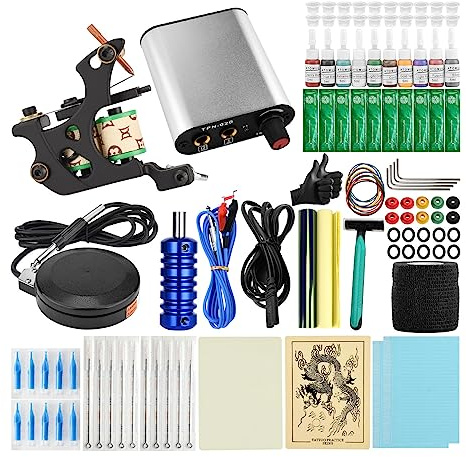 Beginner Coil Tattoo Machine Kit with Adjustable Power Supply - Shader Tattoo Gun Set with Tattoo Needles, Tips, Rubber Bands and Tattoo Tools for Practice Use,F