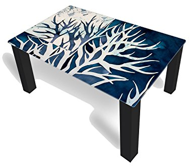DekoGlas Couchtisch 'Baum Türkis' Glastisch Beistelltisch für Wohnzimmer, Motiv Kaffee-Tisch 90x55 cm in Schwarz oder Weiß