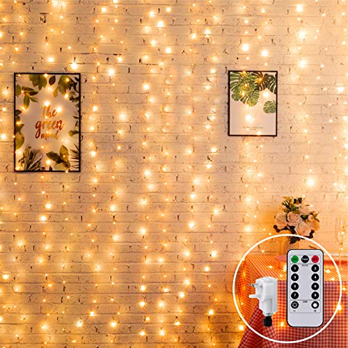 2MX2M Curtain Lights Mains Powered, Window Curtain Light Backdrop Indoor Fairy Lights Plug in for Room, Linkable,204 LED,Remote,Waterproof for Wall Gazebo Xmas(Warm White)
