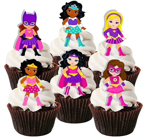 Superhero Girl Pink Superhelden Mädchen Rosa Thema #2 Edible Cupcake Toppers - Stand Up Wafer Cake Decorations (Packung mit 12)