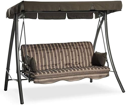 BAKAJI Dondolo Letto da Giardino 3 Posti Colore Marrone a Righe con Schienale Reclinabile Tetto Parasole e Set Cuscini 203 x 115 x h 170 cm