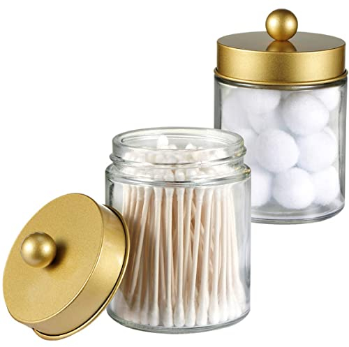 Apothecary Jars Bathroom Storage Organizer -Countertop Storage Organizer Canister Jar - Cute Qtip Dispenser Holder Glass with Lid- for Cotton Swabs,Bath Salts,Hair Band / 2-Pack(Gold)
