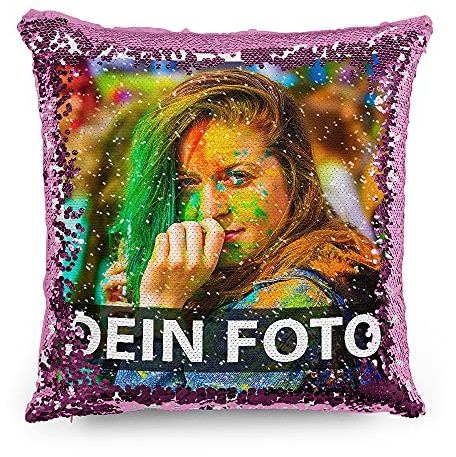 Tassendruck Foto-Kissen mit bedruckten pinken Wendepailletten Selbst gestalten (40 x 40 cm) - mit Foto individuell Bedruckt/Personalisierte Geschenk-Idee/Deko-Kissen inkl. Füllung
