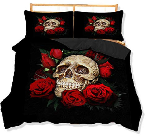 Duvet cover Skull Gothic Bedding set Rose Flower Skull Couple Kiss Black Red White Hippie Style Quilt cover and Pillowcase (Black, Double 200x200 cm)
