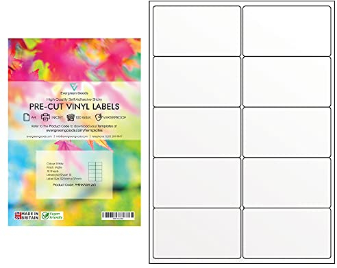 10 Blatt weiße, wasserfeste A4-Vinyl-Etiketten, selbstklebend, hochwertig, bedruckbar mit Tintenstrahldrucker (2 x 5 (10 pro Blatt)