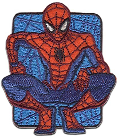 Marvel Spiderman Comic sitzt - Aufnäher, Bügelbild, Aufbügler, Applikationen, Patches, Flicken, zum aufbügeln, Größe: 6,7 x 5,8 cm, SI-3515-04