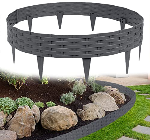 YARDIN Rasenkante Kunststoff Rattan Rund Beeteinfassung Beetumrandungen 10m Palisaden mit 10 Elemente á 100 cm (Anthrazit)