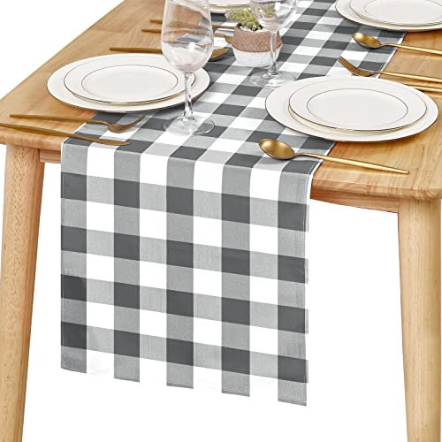 Hiasan Buffalo Plaid Tischläufer, Classic Farmhouse Tischplatten-Kollektion, Wasserdichter Tischläufer für Küche, Esszimmer, Bankett, Restaurant, Outdoor, 14W x 72L, Grau und Weiß, 1 Stück