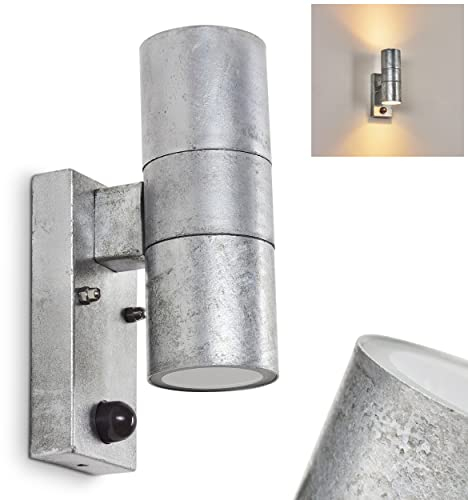 Außenwandleuchte Bessiebelle, Außenleuchte aus Metall/Glas in Verzinkt/Weiß, Wandlampe m. Bewegungsmelder u. Lichteffekt für Terrasse/Eingangsbereich, Up&Down Leuchte, GU10, ohne Leuchtmittel, IP44