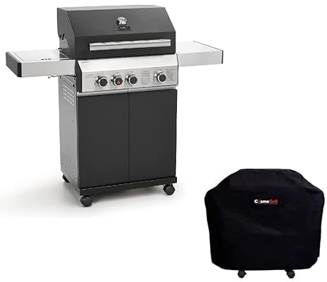 CosmoGrill Gas Barbecue 3+1 - Premium Black Range, Outdoor BBQ Grill with Sear & Ring Side Burner (Barbecue & Weatherproof Cover)