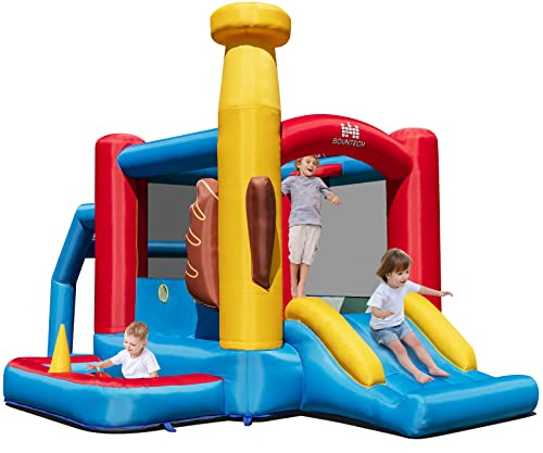 COSTWAY Castello Gonfiabile per Bambini, Casa Gonfiabile Con Scivolo, Trampolino, per 3 Bambini di 3-10 Anni, Con Soffiatore, Borsa di Trasporto e Kit di Riparazione, 280 x 375 x 250cm