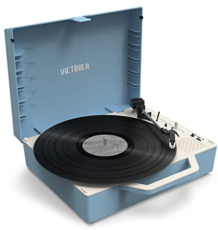 Victrola Re-Spin Sustainable Suitcase Vinyl Record Player, 3-Speed (33 1/3, 45 & 78 RPM), Belt-Driven Bluetooth Turn Table with Built-in Bass Radiator, 3.5mm Headphone Jack, Light Blue