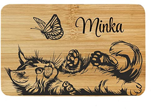 Girahlutions Frühstücksbrettchen Brettchen Bambus Holz Katze 15 Lasergravur mit Wunschname Personalisiert