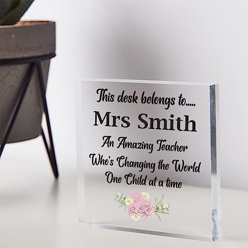 Teacher Gift Thank you Personalised Teacher Present Teacher Keepsake Ornament For Desk End Of Year Gift Teacher Desk Name Plate Acrylic Keepsake Block 10cm x 10cm