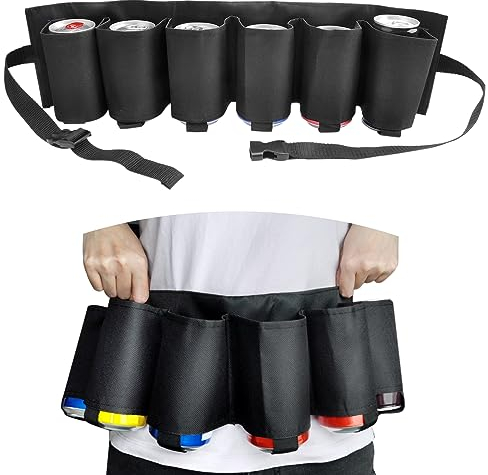 TNSLAND Portable Biergürtel Bier Soda Kann Gürtelhalter Gürtel Getränkedosengürtel Schnapsgürtel Bierflaschenhalter Bierhalter, 6 Getränke für Camping Wandern Outdoor Party (Schwarz)