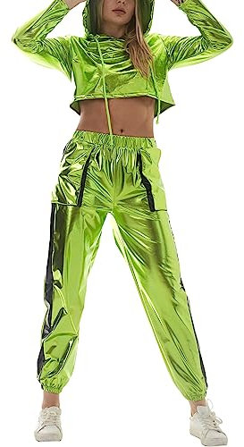 90er Jahre Outfit Damen Mottoparty 80er Jogginganzug Damen Set Glitzer Metallic Langarm Kapuzen Crop Top+Cargohose Jogginghose 2tlg Trainingsanzug Gym Freizeitanzug New Kids Kostüm Grün XXL