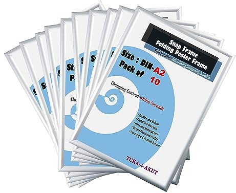 TUKA-i-AKUT 10er A2 Klapprahmen aus Aluminium 25 mm Profil, Plakatrahmen Wechselrahmen Poster Rahmen Schnapprahmen Aufklappbar mit Schutzscheibe Befestigungsmaterial, Silber Farbe, TKD8420-A2-10X