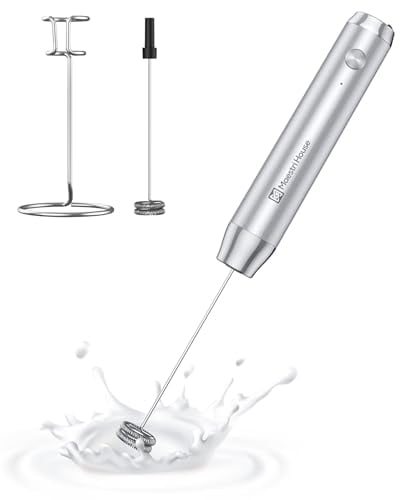 Maestri House Rechargeable Milk Frother with Stand, Handheld Electric Foam Maker Waterproof Detachable Stainless Steel Whisk Drink Mixer Foamer for Lattes, Cappuccino (Silver)