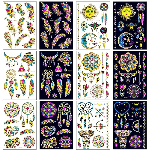 Penubuy neon party temporäre Tätowierung, 6-Blatt-fluoreszierende Folienprägung Make-up-Tattoos, Mandala-Feder-Tattoo-Aufkleber, schwarzlicht party zubehör