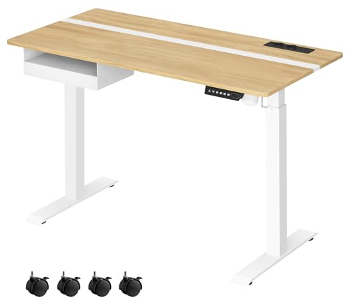 VASAGLE Höhenverstellbarer Schreibtisch elektrisch, 120 x 60 cm Tischoberfläche, Memory-Funktion mit 4 Höhen, mit Steckdosen und Stoffschublade, goldeichenfarben-wolkenweiß LSD112N01