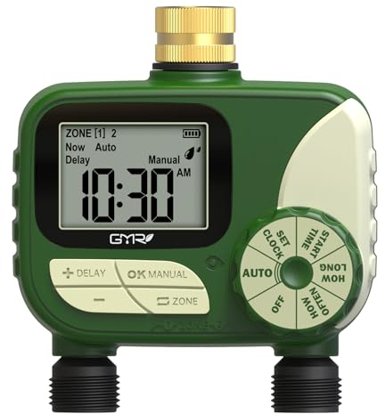 GMR Bewässerungscomputer mit Messingeinlass, Bewässerungssteuerung für Gartenschlauch, Bewässerungsuhr mit Regenverzögerung/Manuell/Automatisch, Bewässerungssystem für Garten, 2 Ausgänge