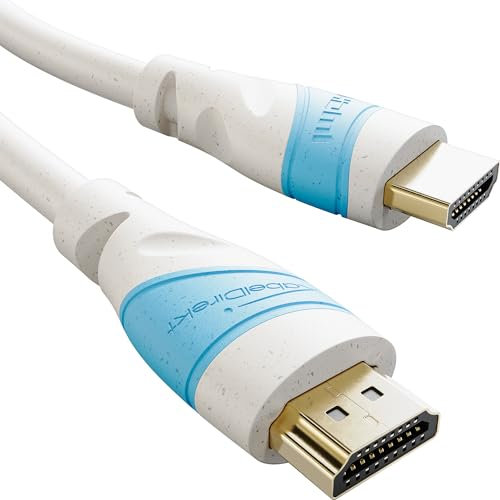 KabelDirekt – Câble HDMI écologique – 5m (Gaine en partie en matériaux bio comme granulés de paille – High Speed HDMI pour 4K@60Hz, PC/Blu-ray/PS5/Xbox Series X/Switch, gris/bleu)
