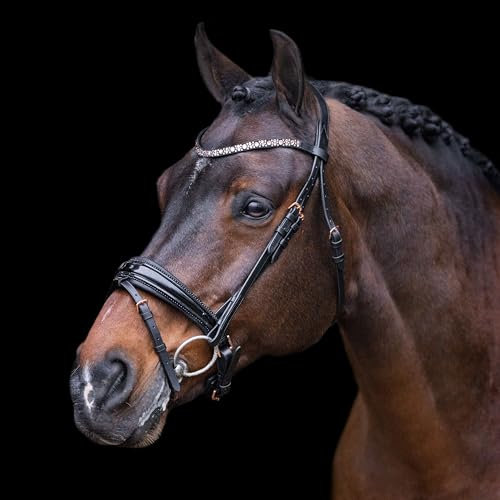 Imperial Riding IRH Olympia Trense ohne Zügel, anatomisches Genickstück, Kalbslederpolsterung, Stirn- & Nasenriemen mit Strass, hochwertiges Büffelleder, Edelstahlbeschläge, Schwarz-Rose-Gold, Full