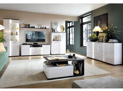 Lomadox Wohnwand Wohnmöbel Set weiß 6-teilig Modern, 1 Vitrine, 1 Wandboard, 1 Lowboard, 1 Highboard, 1 Sideboard, 1 Couchtisch inkl. Beleuchtung