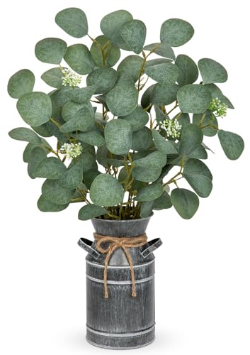 Hollyone Kunstpflanze Eukalyptus in Rustikalen Metall Vase, 45cm Zimmerpflanzen Künstliche Eukalyptus Dekopflanzen für Bauernhof Haus Hochzeit Tisch Centerpiece Deko