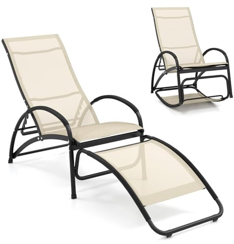 COSTWAY Garden Sun Lounger, 2-in-1 Convertible Outdoor Lounge Chair Relax Rocking Chair with 4-Level Adjustable Backrest, Aluminum Frame Patio Recliner Chair Seat for Deck, Yard and Poolside (Beige)