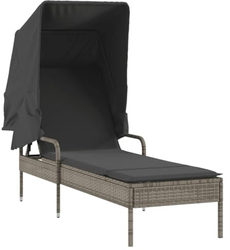 vidaXL Sonnenliege mit Dach, Gartenliege Verstellbare Rückenlehne, Sonnenbett für Außenbereich, Relaxliege Liege Gartenmöbel, Modern, Grau Poly Rattan
